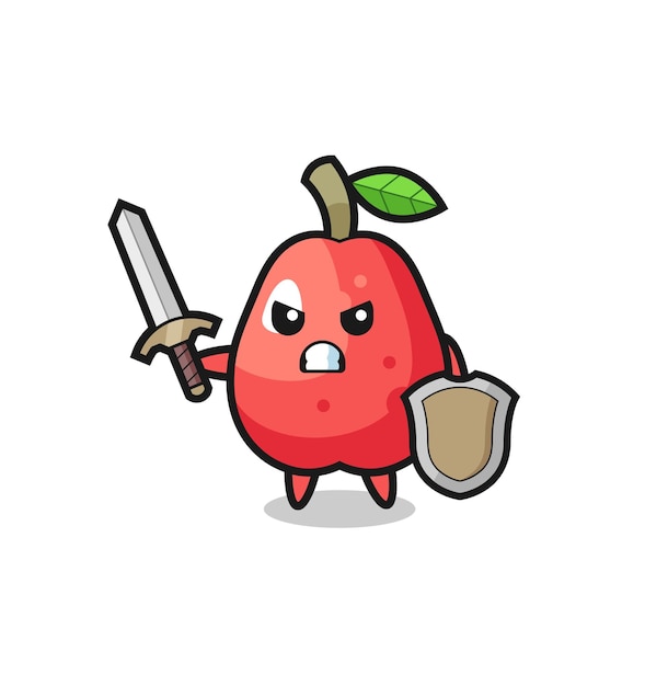 Cute water apple soldier fighting with sword and shield