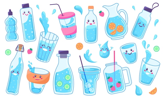 Cute water bottles and glasses drink containers with funny faces Healthy summer drinks with ice and lemon reusable glass bottle vector set