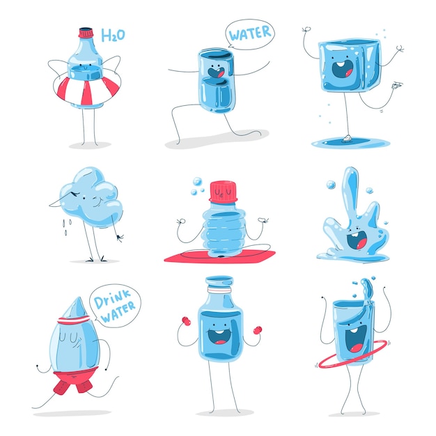 Cute water characters cartoon set isolated on a white background.