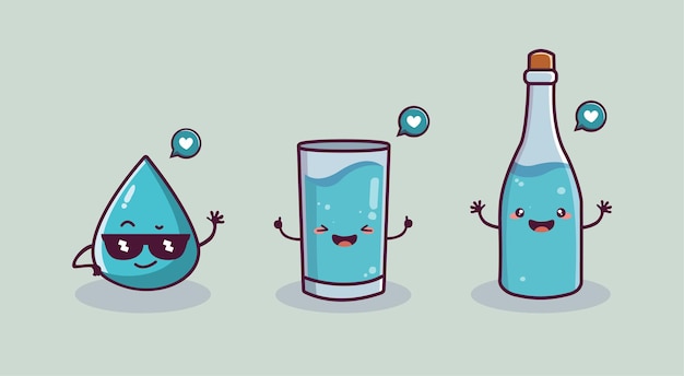 Cute water drop, glass, bottle vector cartoon with kawai character concept world water day