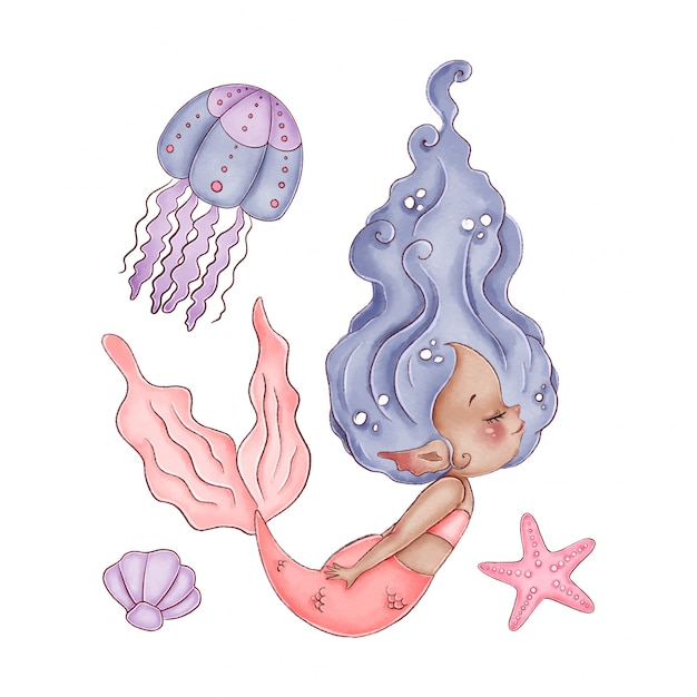 Vector cute watercolor african little mermaid with violet hair and pink tail on a white background