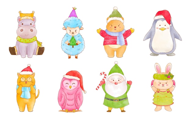동물 크리스마스 캐릭터의 귀여운 수채화