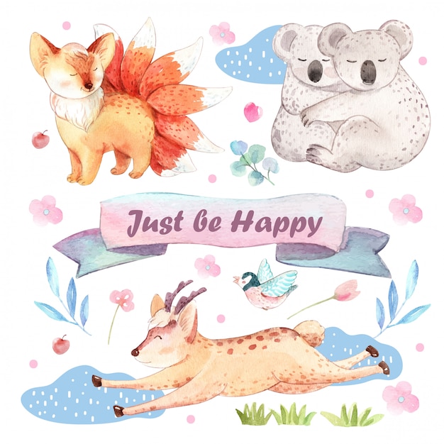 Vector cute watercolor animals for design.