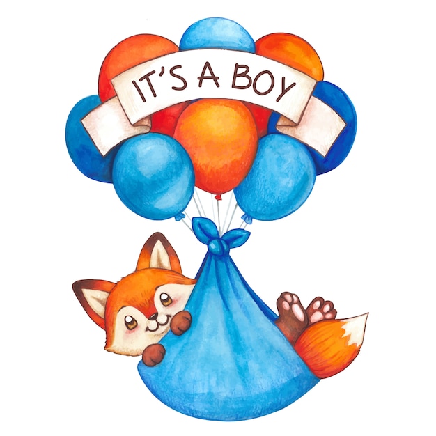 Vector cute watercolor baby boy fox flying on air balloons