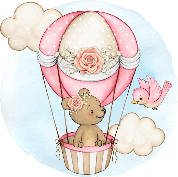 Cute watercolor bear on air balloon