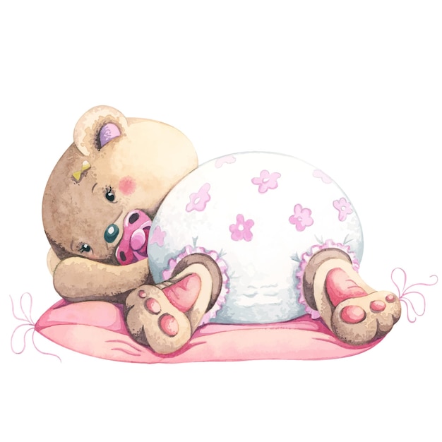 잠옷을 입은 귀여운 수채화 곰 테디 베어 소녀