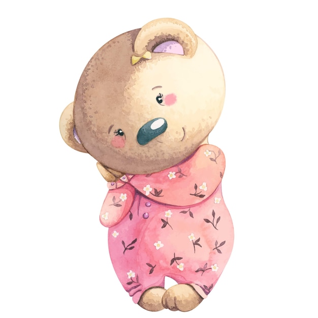 Cute watercolor bear in pajamas teddy bear girl