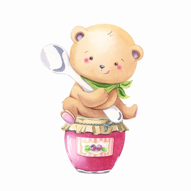 A cute watercolor bear with a spoon sits on a jar of jam