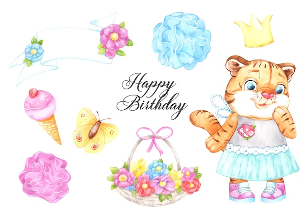 Cute watercolor birthday illustrations