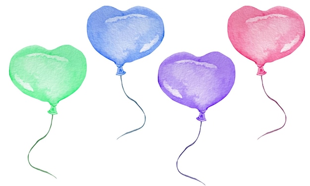 Vector cute watercolor bright pink purple green and blue air balloons in heart shape with black twin