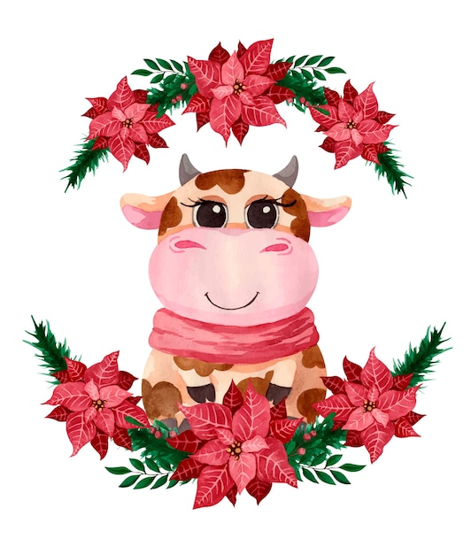 Cute watercolor bull in christmas poinsettia flowers, symbol of the year