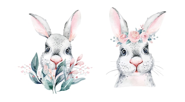 Cute watercolor bunny easter card Handdrawn illustration