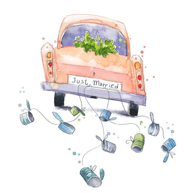 Vector cute watercolor car with just married sign on a wedding travel