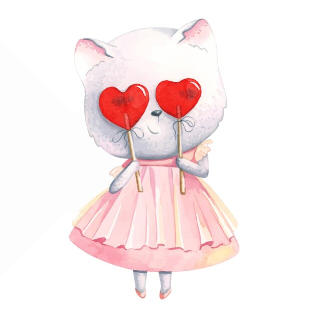 A cute watercolor cat looks through the lollipops in the form of hearts