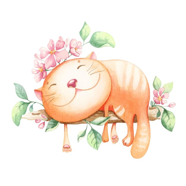 벡터 하트 롤리팝이 있는 귀여운 수채화 고양이