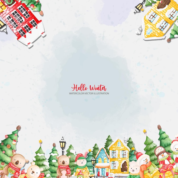 Cute Watercolor Christmas Animal Vector illustrations Background Square ratio