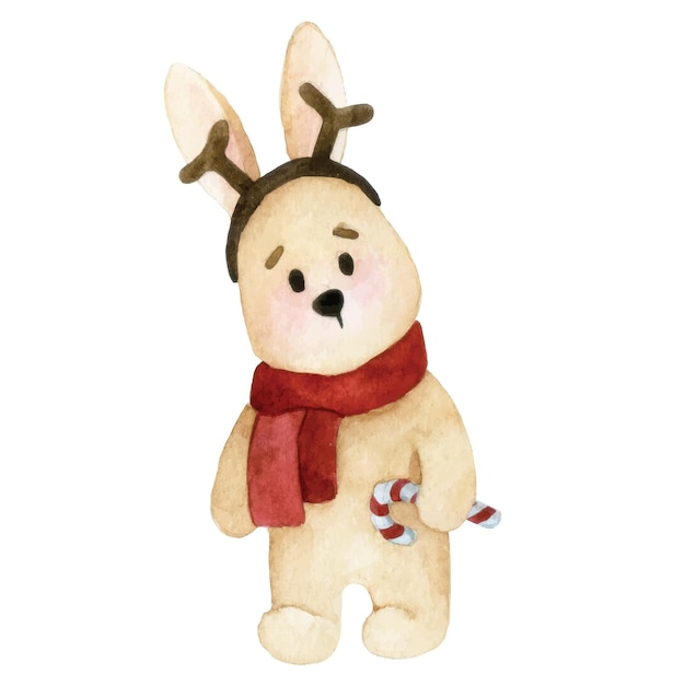 귀여운 수채화 그리기. 크리스마스 토끼. 재미있는 토끼 캐릭터, 크리스마스를 주제로 한 인쇄