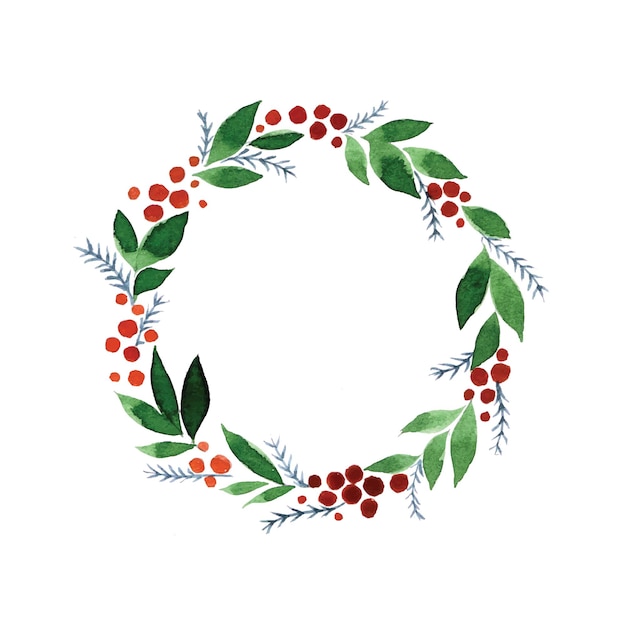 cute watercolor drawing christmas wreath wreath of green leaves and red berries simple watercolor