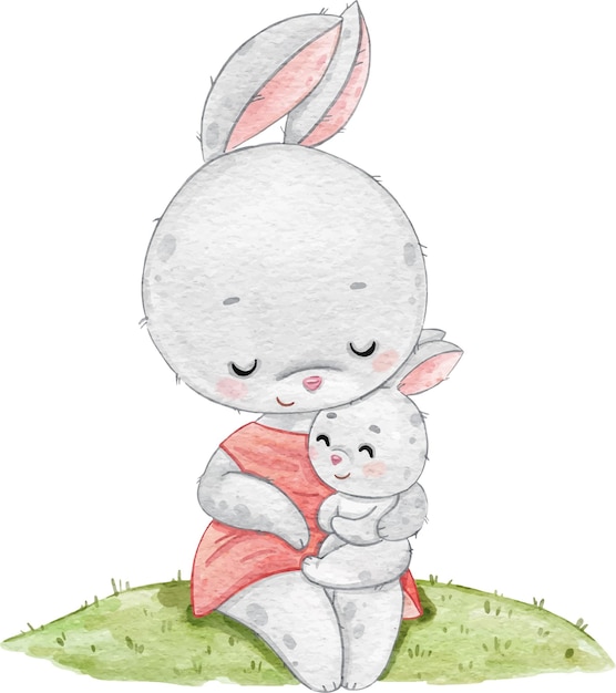 Vector cute watercolor drawing cute mother rabbit hugging little baby