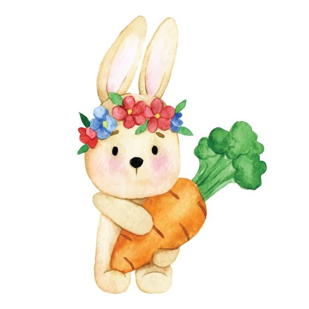 귀여운 수채화 그리기. 꽃과 토끼. 당근과 아이 토끼를 위한 재미있는 캐릭터. 아기