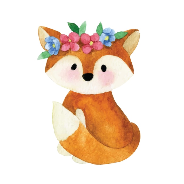 cute watercolor drawing. little fox, with flowers. funny character for kids. baby, scrapbooking