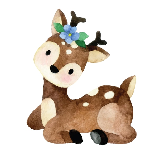 cute watercolor drawing. small spotted deer fawn, with flowers. funny character for kids. kid