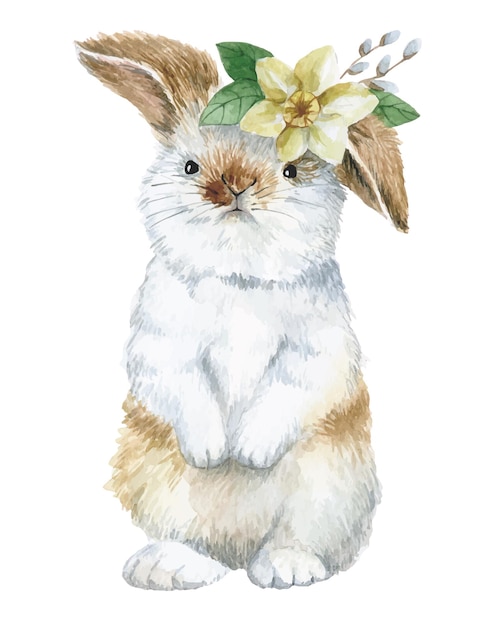 Vector cute watercolor drawing with easter bunny. little hare, rabbit with flowers on a white background