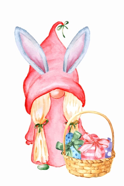 La ragazza sveglia dello gnomo di pasqua dell'acquerello che indossa le orecchie di coniglio tiene il cestino delle uova