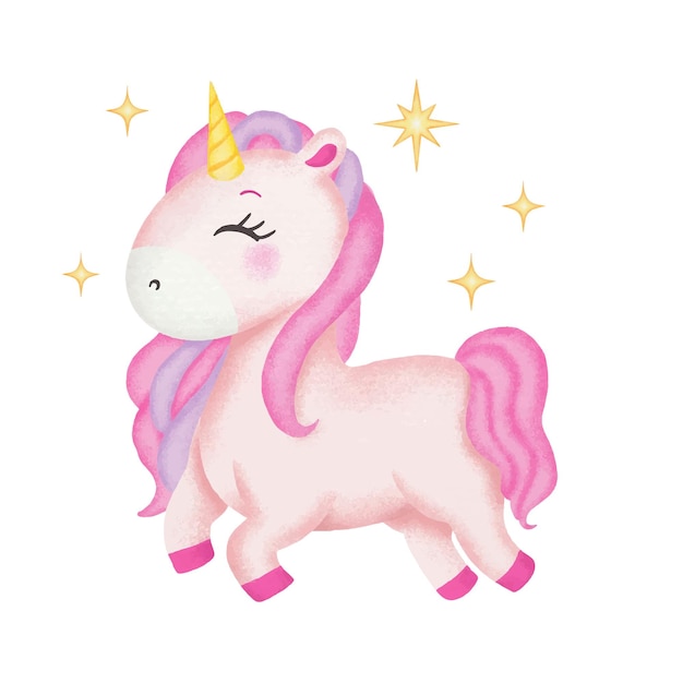 Vector cute watercolor fairytale unicorn horse for children birthday