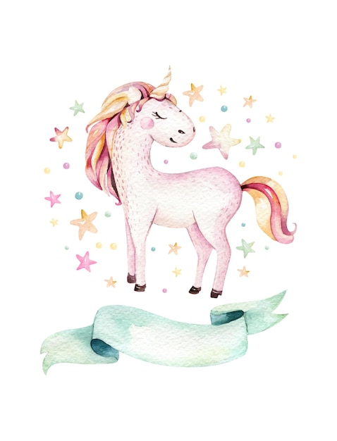 子供の誕生日のためのかわいい水彩おとぎ話のユニコーン馬水彩ベクトルデザイン