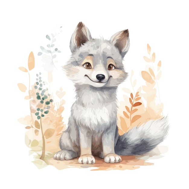 Cute watercolor gray wolf in natural state standing adorable