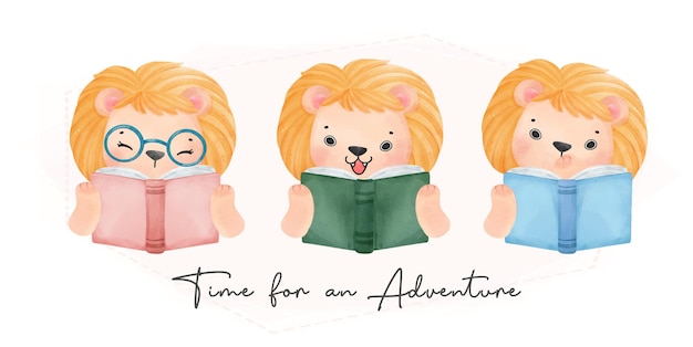 Cute watercolor group of three happy kid lions reading book time for an adventure back to school