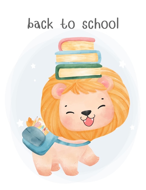 Cute watercolor happy kid lion with school backpack and book stacked back to school