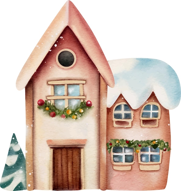 Vector cute watercolor illustration for christmas housed ginger bread house christmas house decorations