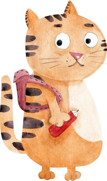 Cute watercolor illustration of a ginger kitten with stripes goe