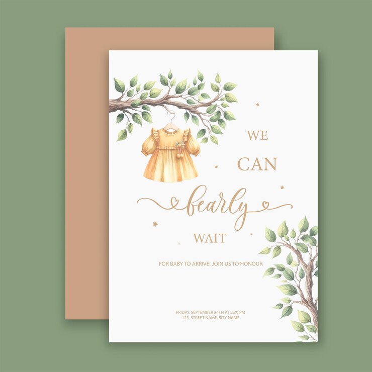 Vector cute watercolor invitation we can bearly wait with tree branch with childrens clothes on a hanger