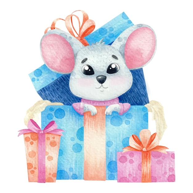 Cute watercolor mouse with gifts. 