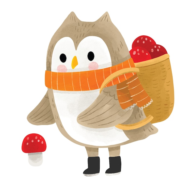 Cute watercolor owl and mushroom in Autumn clipart