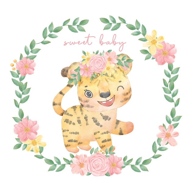 Cute watercolor painting happy adorable baby tiger girl standing in floral frame nursery cartoon hand drawn animal illustration vector