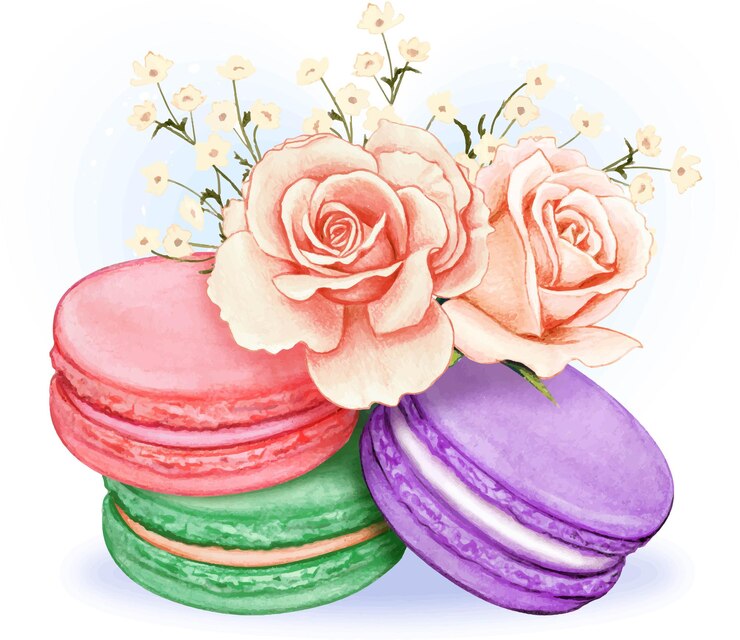 Vector cute watercolor pastel macarons with pink roses bouquet