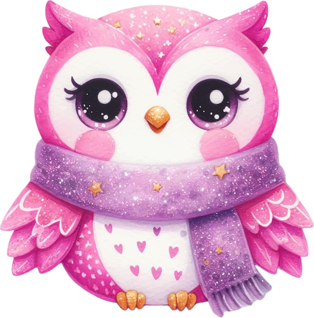 Vector cute watercolor pin glittery baby owl