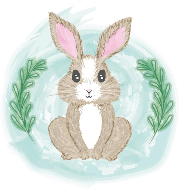 Vector cute watercolor rabbit with easter leaves and kawai eyes