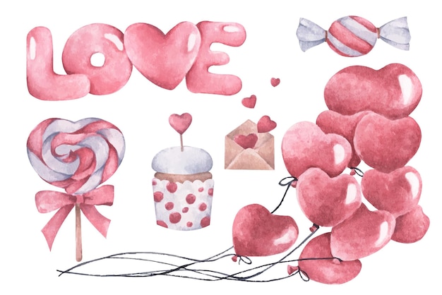 Cute watercolor romantic set of design elements