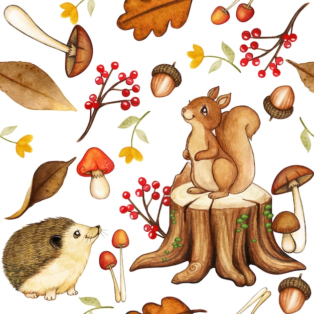 Cute watercolor woodland pattern with squirrel and hedgehog