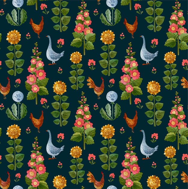 cute watercolour pattern illustration with farm birds and flowers