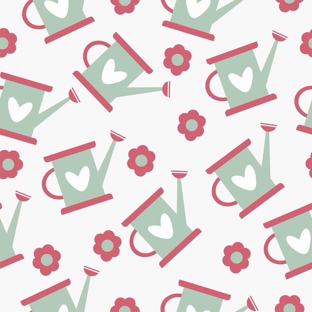 Vector cute watering can plant flower seamless pattern background