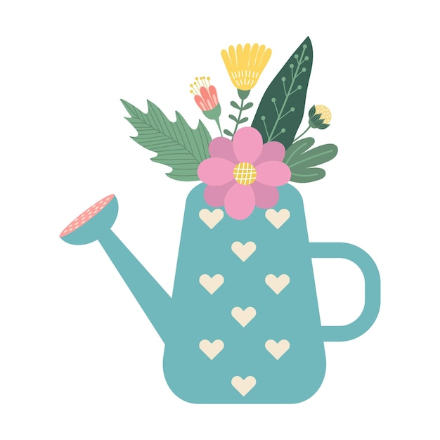 Vector cute watering can with flowers