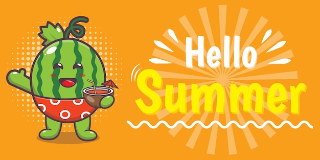 Cute watermelon character with summer greeting banner