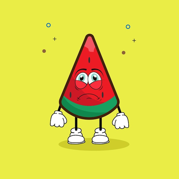 Cute watermelon fruit character with nervous face clenching fist