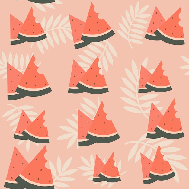 Cute watermelon and leaves seamless vector pattern illustration